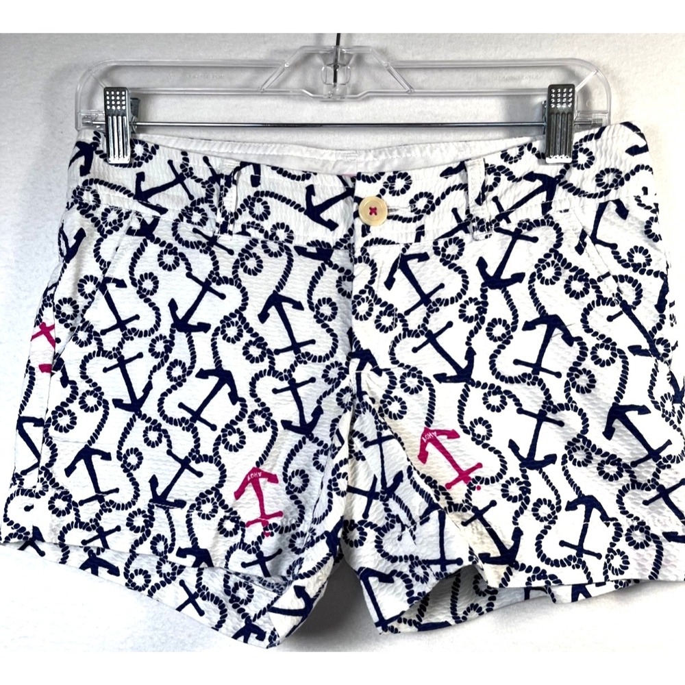 LILLY PULITZER Nautical Anchors Away Shorts White W/Navy And Pink Anchors Size 0